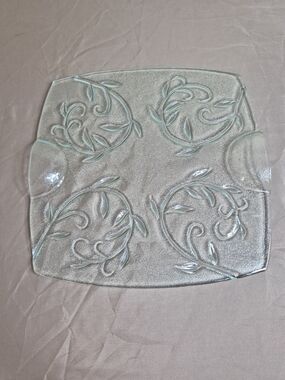 Vintage Clear Embossed Textured Glass Square Serving Platter with Integrate